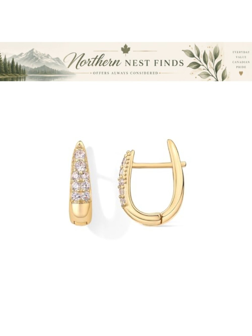 18K Gold Plated 925 Sterling Silver CZ U Shaped Huggie Hoop Earrings